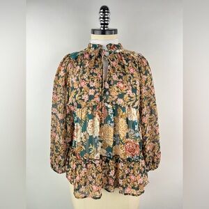 💚 3406. Floral Sheer Tie Front Blouse